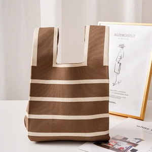 Sac fourre-tout en tricot rayé marron et blanc, sac à main élégant en maille pour femme
