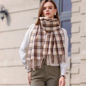 Écharpe à carreaux imitation cachemire à franges en beige et marron pour l'hiver