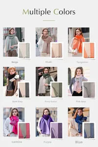 Detail grid showing nine color options and thick knitted texture of cashmere-like winter scarves