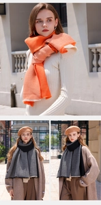Detailed view of two-tone ribbed knit cashmere scarf featuring orange and grey textures