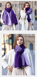 Close-up of triple-tone purple knitted scarf featuring elegant vertical ribbed texture