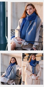 Detail of blue and grey cashmere-like scarf with thick ribbed knit texture on a model