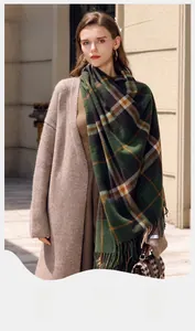 Dettaglio di sciarpa invernale a quadri con frange indossata con cappotto beige