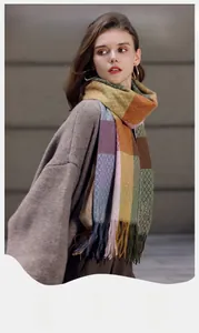Close-up of retro plaid scarf with colorful fringe detailing and warm wool texture