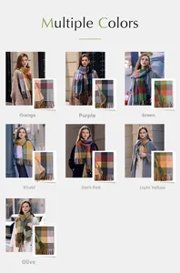 Selection of color block plaid scarves with fringes available in seven trendy colorways