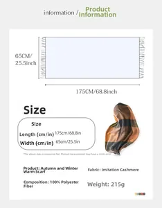 Size guide for checked tassel scarf featuring 175x65cm dimensions and material specs