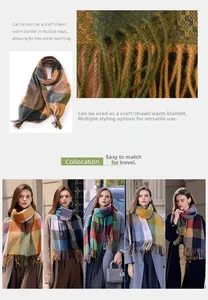 Close-up of color block plaid scarf showing soft fringe detail and premium woven texture