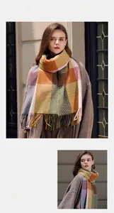 Close-up of a colorful plaid knit scarf with fringes on a female model in winter coat