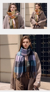 Detail shot of multicolor plaid scarf textures and soft fringe tassels for winter