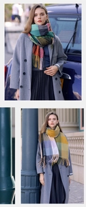 Close-up of thick plaid tassel scarf with contrasting colors and soft wool texture