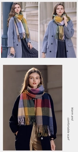 Detail shot of the thick woven texture and colorful tassel fringe of the plaid winter scarf