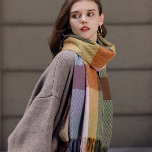 Color Block Plaid Scarf Tassel Imitation Cashmere Thick Warm Winter Pashmina Shawl Wrap Women Trendy Neck Warmer