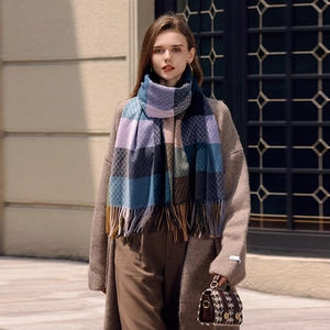 Colorful checkered long scarf with tassels in blue, purple and mustard yellow hues