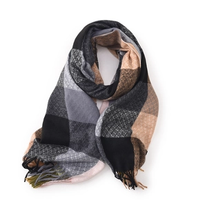 Thick plaid scarf with tassels in black, grey and camel tones on white background