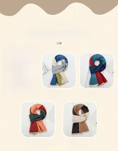 Detailed grid of kids winter scarves with multi-color patchwork and fringe edges