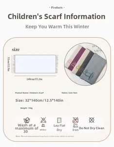 Size chart and washing guide for children's core-spun yarn scarf measuring 32x140cm