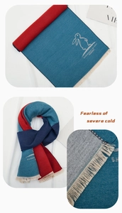Detail of tricolor knit scarf with rabbit embroidery, fringe edges, and soft texture