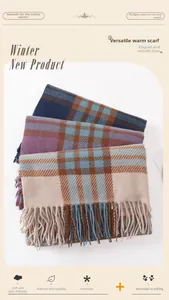 Close-up of soft cashmere-like plaid scarves with fringe details in three colors