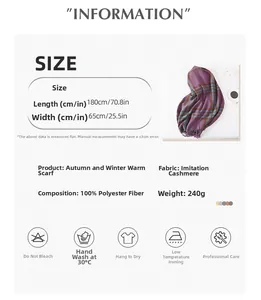 Detailed size chart for 180x65cm plaid scarf with cashmere texture and washing guide