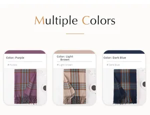 Detail view of plaid cashmere-like scarves in purple, light brown, and dark blue with tassels