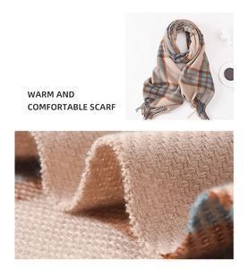 Detailed close-up of soft plaid scarf showing thick fringe and twill weave texture