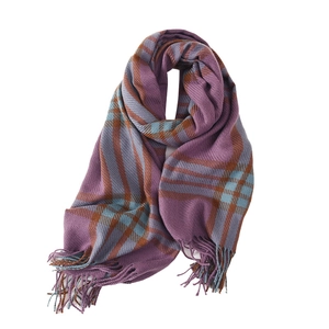Plaid cashmere-feel scarf with purple, blue, and brown check patterns and tassels