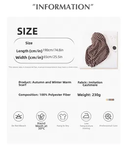 Detailed size chart and care instructions for the thick plaid winter scarf in brown and white