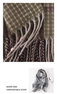 Detail of plaid scarf texture and long tassels featuring classic green and grey patterns