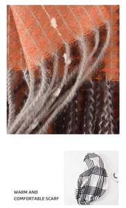 Detailed view of winter plaid scarves with soft fringes and warm brushed texture