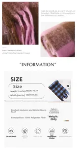 Size chart and washing guide for the 200cm thick winter plaid scarf with fabric details