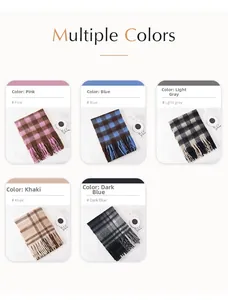Detail showcasing variety of plaid scarves in pink, blue, grey, khaki and navy blue
