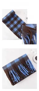 Detailed view of blue and brown checkered thick plush scarf with long decorative tassels