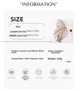 Size chart for 180x65cm plaid scarf showing cashmere-feel material and care details