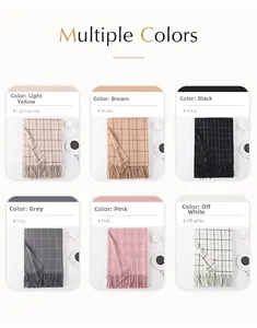 Detailed grid view showcasing six colors of plaid scarves with fringe in professional layout