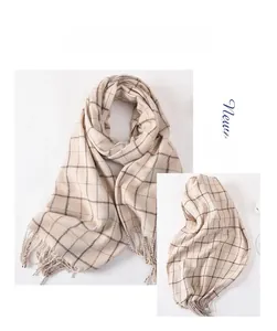 Detail of classic plaid scarf with fringe accents and soft cashmere-like texture