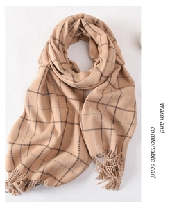 Close-up of soft plaid tassel scarf with warm beige and camel check patterns