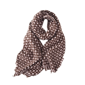 Brown and white checkered plaid scarf with tassel fringe for autumn and winter warmth