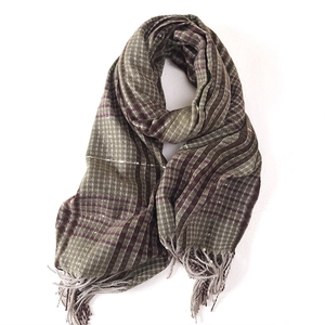 Classic olive green and dark purple plaid winter scarf with fringe ends for men and women