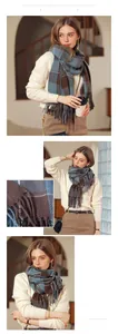 Detail of plaid scarf featuring blue, brown, and grey patterns with soft fringe tassels