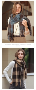 Detail of soft checkered scarf featuring long tassels in blue, brown and yellow tones