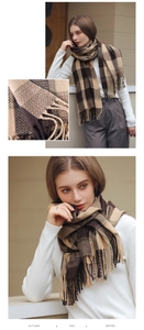 Detail of soft cashmere-feel plaid scarf with tassel trim in brown and beige tones