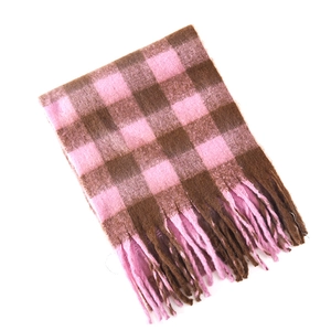 Pink and brown plaid winter scarf with long tassels made of soft cashmere blend material