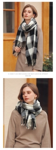 Detailed view of black and white plaid scarf with fringe on a model wearing knitwear