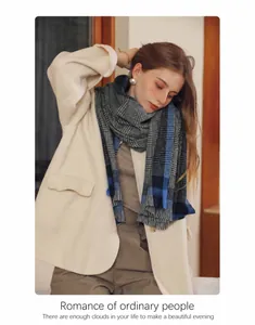 Détail d'une écharpe à carreaux bleu marine et gris avec un manteau en laine beige