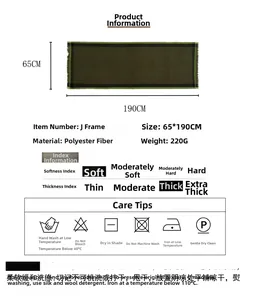 Spécifications de l'écharpe en polyester 65x190cm montrant poids 220g et détails matière