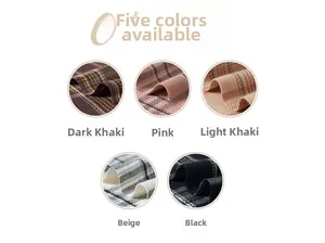 Detail view of winter scarf in dark khaki, pink, light khaki, beige, and black colors