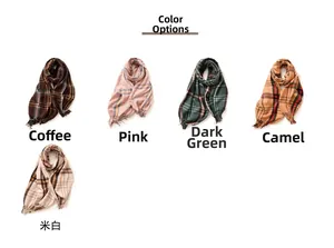Selection of five plaid tassel scarves in coffee, pink, green, camel, and off-white