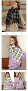 Detail view of plaid cashmere scarf with soft fringes in black and cream color options