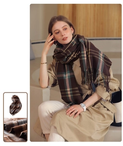 Detail of plaid scarf with tassels styled on a trench coat for autumn fashion