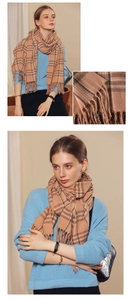 Detailed close-up of camel plaid cashmere-like scarf showing texture and soft fringes